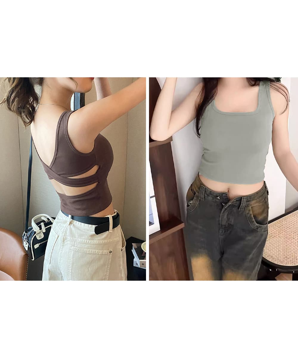 背中クロスデザイン カップ付きブラトップ タンクトップ