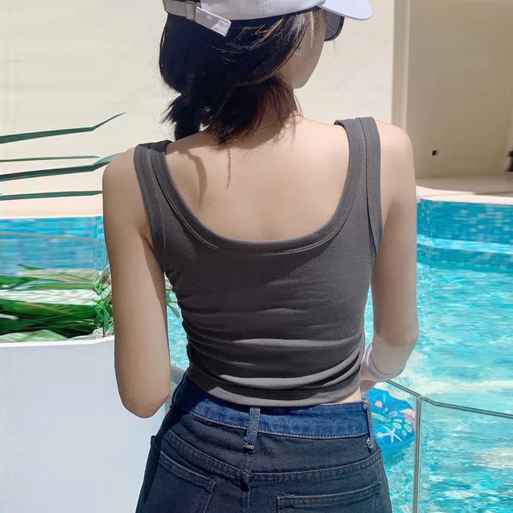 ブラトップ カップ付きタンクトップ ショート丈無地 韓国風