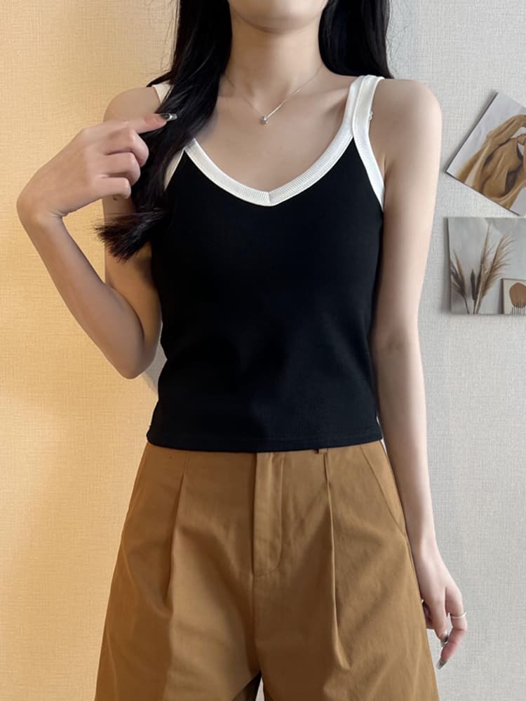ブラトップ リブ編み 細身 Vネック タンクトップ