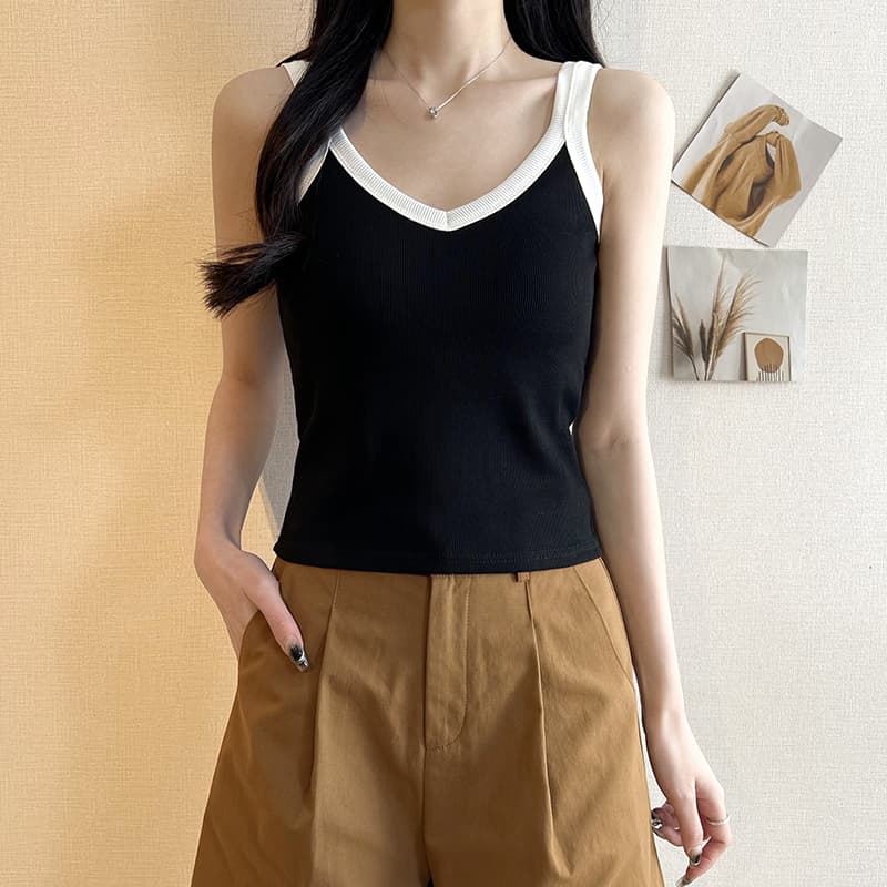 ブラトップ リブ編み 細身 Vネック タンクトップ
